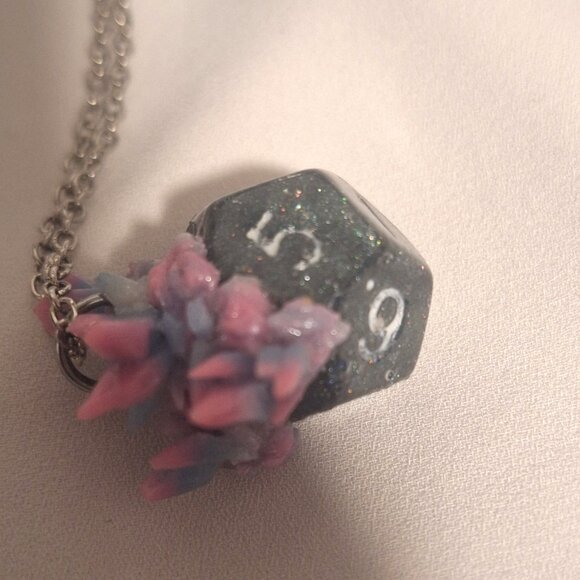 Artisan Handmade DnD D12 Dice Resin Necklace with Polymer Clay Crystals - Picture 4 of 6